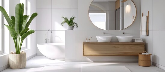 Modern white bathroom with large mirror and wooden cabinet.