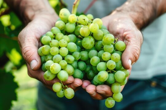man's hands holding green grapes close up