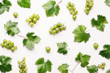 green grapes and leaves on white background