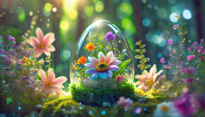 Fototapeta na wymiar Flowers inside the glass easter egg. Fairy forest with twinkling lights, blurred. Idyllic and fantasy digital image.