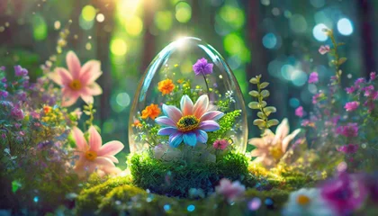 Fototapeten Flowers inside the glass easter egg. Fairy forest with twinkling lights, blurred. Idyllic and fantasy digital image. © Pamela Ranya