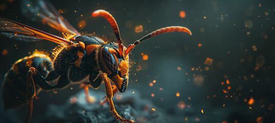 macro of a wasp over a dark background with copy space - obrazy, fototapety, plakaty