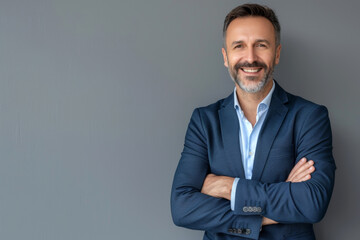 Portrait of a businessman with arms crossed in a casual suit against a grey background. Confident entrepreneur with a welcoming smile. Professional confidence and approachability in the workplace.