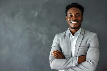 An attractive African American businessman with a radiant smile, dressed smartly in a light grey suit  standing against a textured grey backdrop.