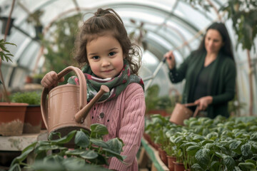 Naklejka na ściany i meble Little girl watering, taking care of plants in greenhouse, during first spring days. Concept of water conservation in garden and family gardening.