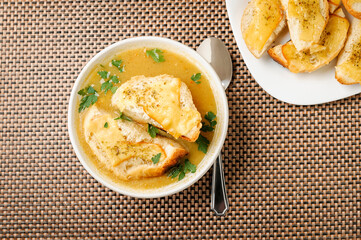 onion soup with croutons - 761843156
