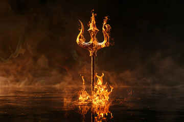 A golden trident engulfed in flames, standing in water in a scene from hell - obrazy, fototapety, plakaty