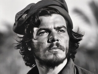 Black and white portrait of Che Guevara, Marxist revolutionary and guerrilla leader, looking determined.