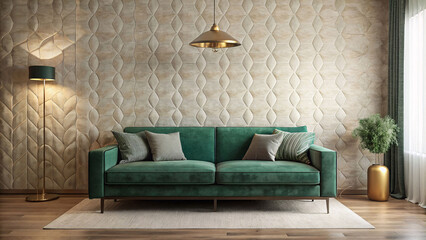 Lush emerald velvet couch contrasts with textured cream wall, enhanced by geometric gold lamp, generative ai