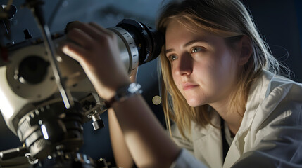 A female astronomer working with the telescope. Science