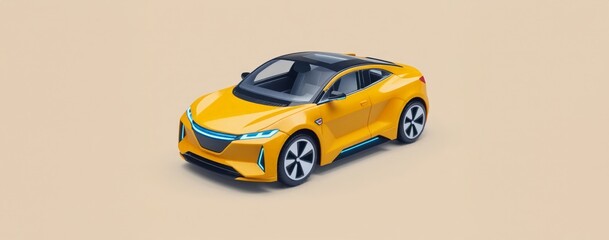 yellow electric coupe on a beige background. Car toy 3d model.
