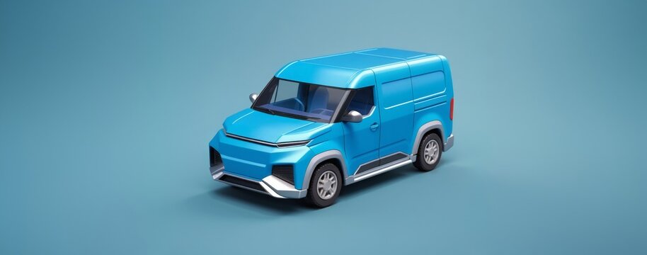 futuristic blue delivery van on teal background. Car toy 3d model.