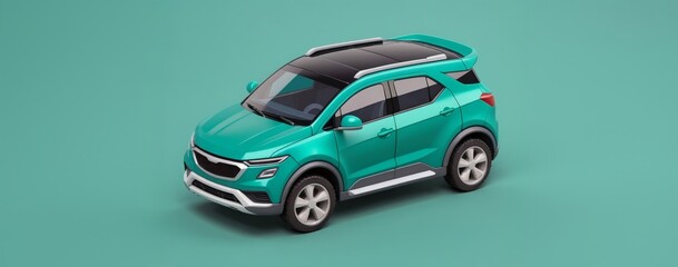 teal compact suv toy on a teal background. Car toy 3d model.
