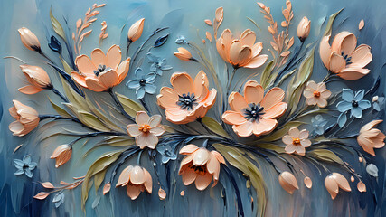 delicate spring flowers painted with oil paints on canvas in peach tones with blue tint - obrazy, fototapety, plakaty