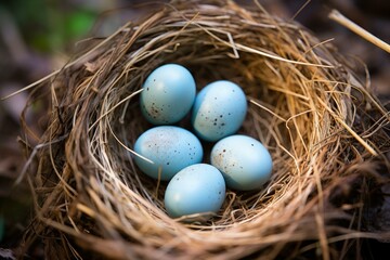 Naklejka na ściany i meble Precious Nest bird eggs natural. Animal farm. Generate Ai