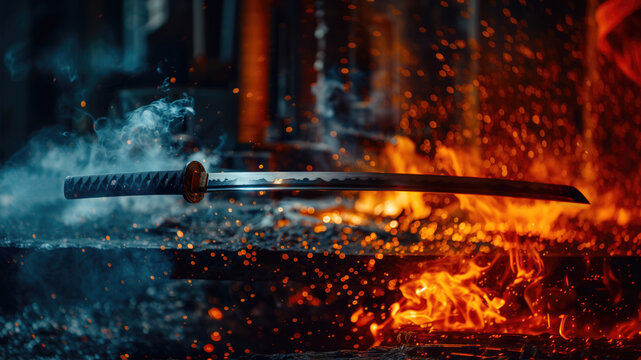Digital art of a katana, traditional samurai sword. Fantasy scene of japanese sword, forge with fire in the background