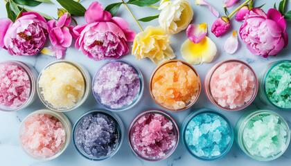 colorful body scrubs collection with fresh peonies on a light background - obrazy, fototapety, plakaty