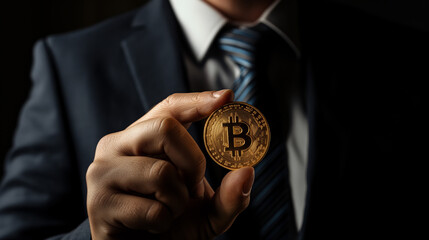 Close up of hand holding bitcoin. Crypto currency. Businessman holding a gold coin in his hand
