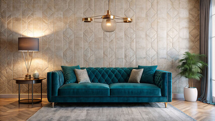 Emerald velvet settee contrasts with textured cream wall, accented by geometric gold lampshade, generative ai