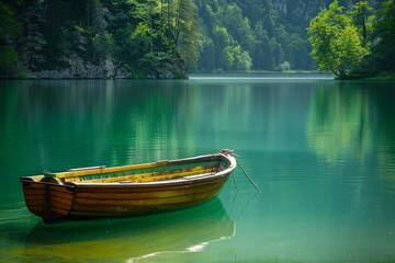 Green boat on calm lake water surrounded by forest