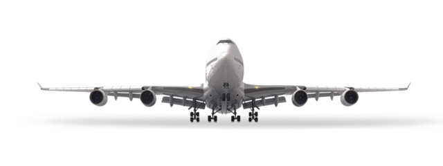 A massive airliner stands poised for takeoff, its engines rumbling with anticipation. Sparse image. Transparent png, add your own background.