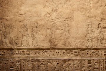 Cracked stone wall with Ancient Egyptian hieroglyphs, old hieroglyphic writing texture background. Theme of vintage inscription, Egypt, tomb, art - obrazy, fototapety, plakaty