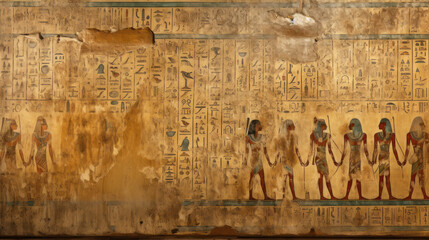 Damaged wall fresco with Ancient Egyptian hieroglyphs, old hieroglyphic writing texture background. Theme of Egypt, tomb, art, history - obrazy, fototapety, plakaty