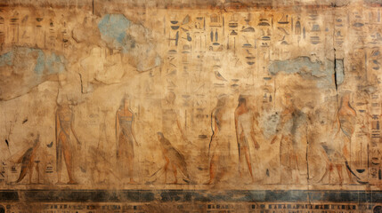 Worn wall fresco with Ancient Egyptian hieroglyphs, old hieroglyphic writing texture background. Theme of Egypt, tomb, art, vintage painting - obrazy, fototapety, plakaty