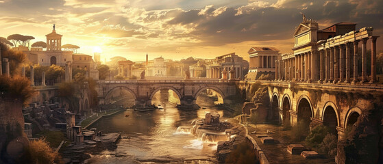 Panoramic view of Ancient Rome city at sunset, scenery of old historical buildings, sun and sky. Theme of Roman empire, antique, travel, italy, background. - obrazy, fototapety, plakaty