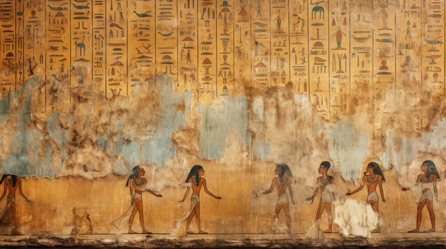 Damaged wall fresco with Ancient Egyptian hieroglyphs, old hieroglyphic writing texture background. Theme of inscription, Egypt, tomb, art, painting