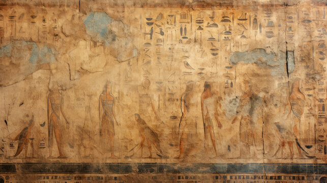 Worn wall fresco with Ancient Egyptian hieroglyphs, old hieroglyphic writing texture background. Theme of Egypt, tomb, art, vintage painting