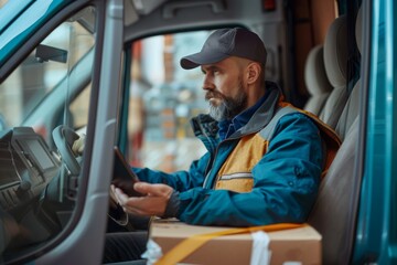 Delivery driver using tablet in van with parcels on seat