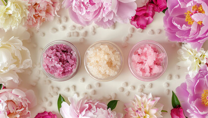 Top view of body scrubs display surrounded by lush peonies on soft surface