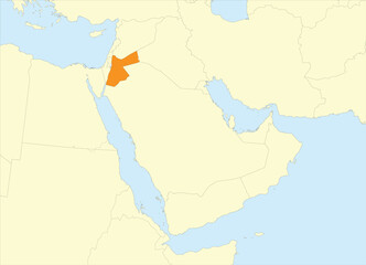  Orange detailed CMYK blank political map of JORDAN with black national country borders on beige continent background and blue sea surfaces using orthographic projection of the Middle East