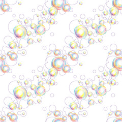 Watercolor illustration seamless pattern with soap bubbles and contours. Summer toy symbol, bath time, carnival, bubble party. Isolated, hand drawn. For the design of banners, postcards, flyers,