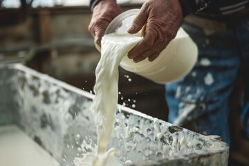 Farmer pouring raw milk into container