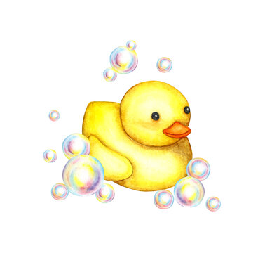 Watercolor illustration small yellow rubber duck in soap bubbles. Bath time. Inflatable rubber duck. Paintings for fabric, textiles, children's clothing, wallpaper, wrapping paper, packaging, design