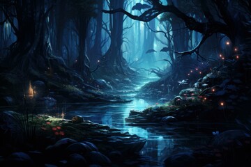 Naklejka premium Verdant Night forest jungle. Wood creepy. Generate Ai