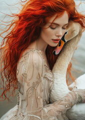 Elegant Redhead Embracing a Swan by the Water.