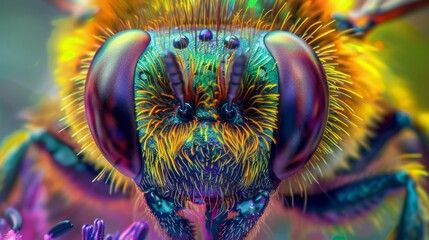 Macro shot of a bee with a psychedelic effect. - obrazy, fototapety, plakaty