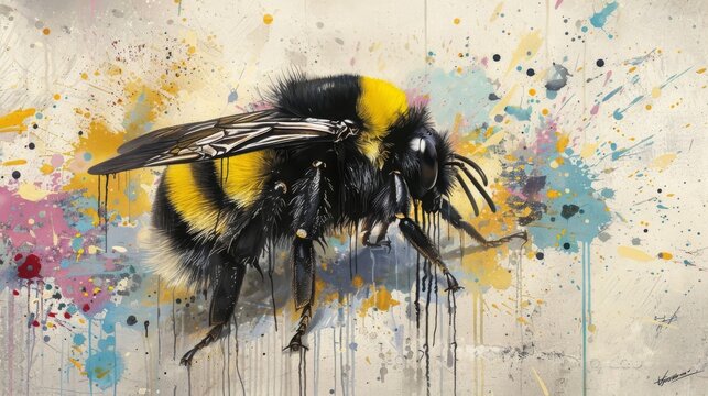 Bumblebee in front of artistic color explosion.