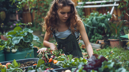 A young woman composting food scraps in a backyard garden, with details of the woman's focused expression, the compost bin, the variety of food scraps, and the lush garden.