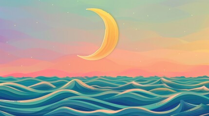 Obraz na płótnie Canvas Crescent moon over stylized ocean waves at dusk