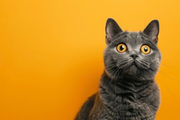 funny british shorthair cat portrait looking shocked or surprised on orange background with copy...