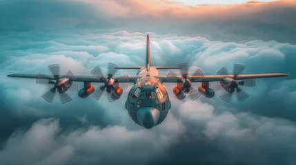 Photo sur Plexiglas Ancien avion Four-engine turboprop transport aircraft in blue sky with clouds