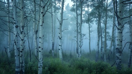 Birch trees in a foggy forest