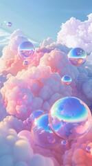 Surreal clouds and soap bubbles with rainbow reflections
