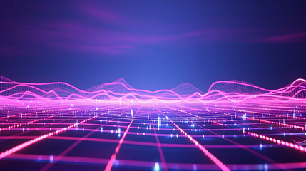 Retro futuristic 80's synthwave landscape background. wireframe grid canyon mountain. vaporwave low poly neon light. - Powered by Adobe