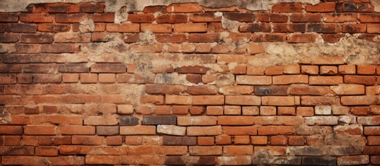 Fototapeta premium A detailed closeup image of an aged brick wall with peeling paint, showcasing the intricate brickwork and texture of the composite material, highlighted in shades of brown and peach