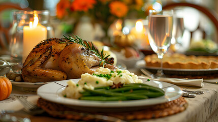 A table setting for a fall feast, with details of the roasted turkey, the mashed potatoes, the green beans, and the pumpkin pie.